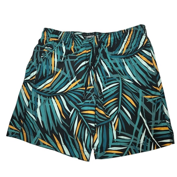 Express Tropical Leaf Patterned Shorts in Green and Yellow - Picture 1 of 6